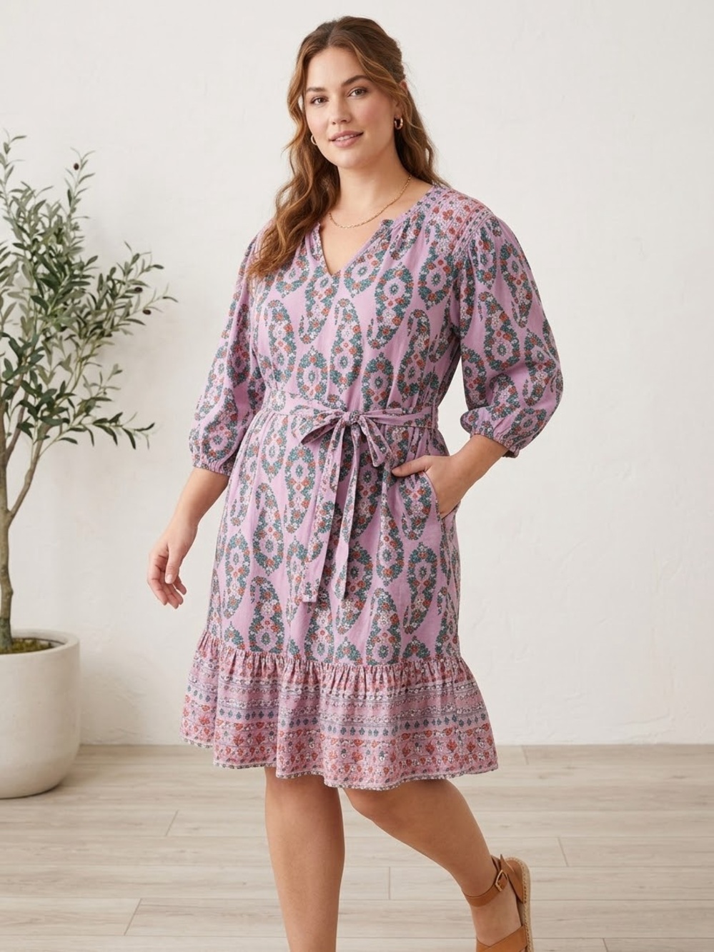Knox Rose Paisley Floral Ruffle Hem Pocket Dress Belted Medium